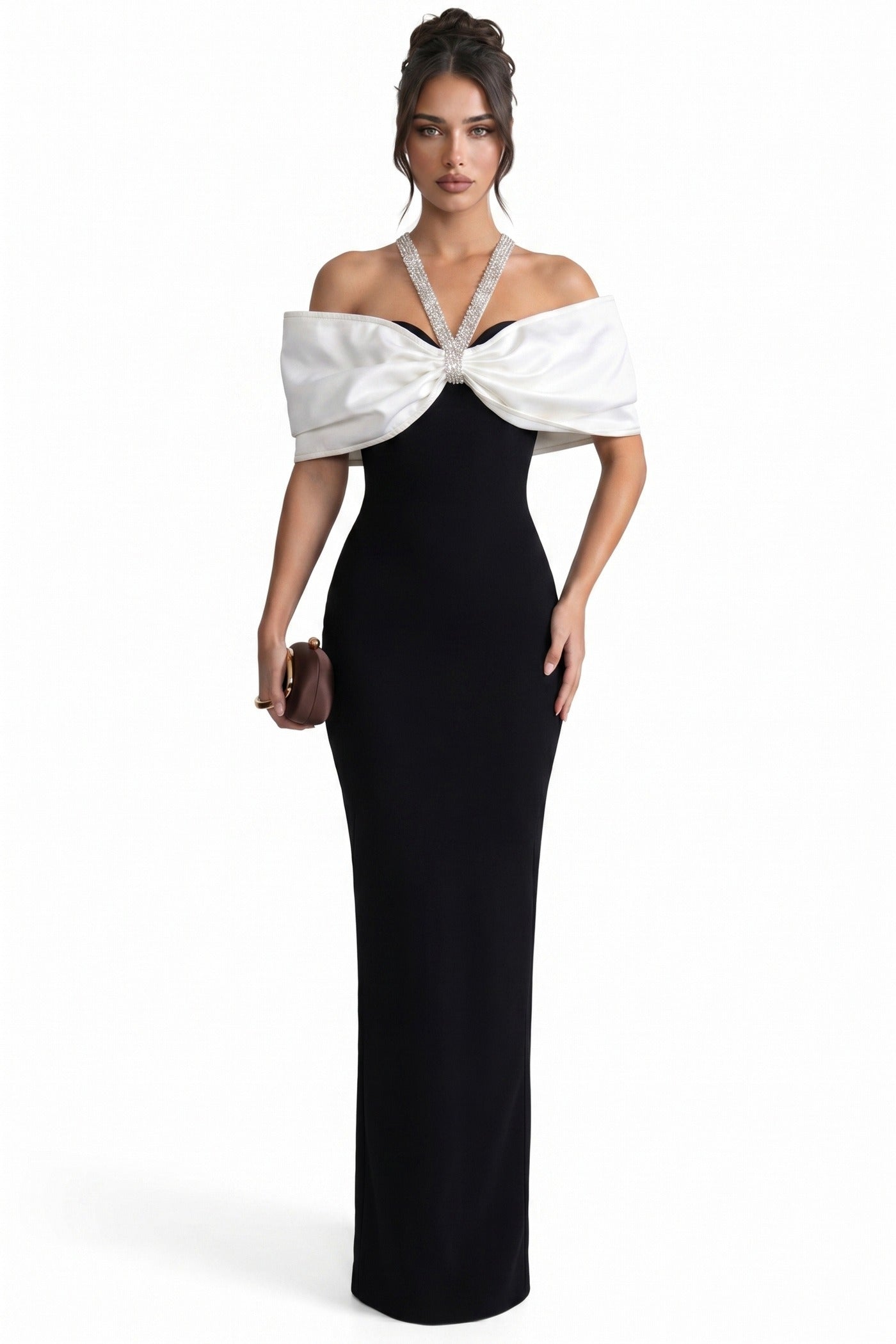 Viviane Off-Shoulder Draped Maxi Dress With Crystal Straps - Black/White