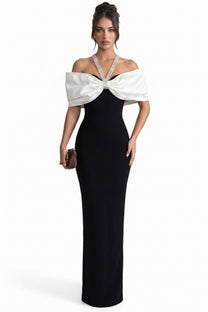 Viviane Off-Shoulder Draped Maxi Dress With Crystal Straps - Black/White