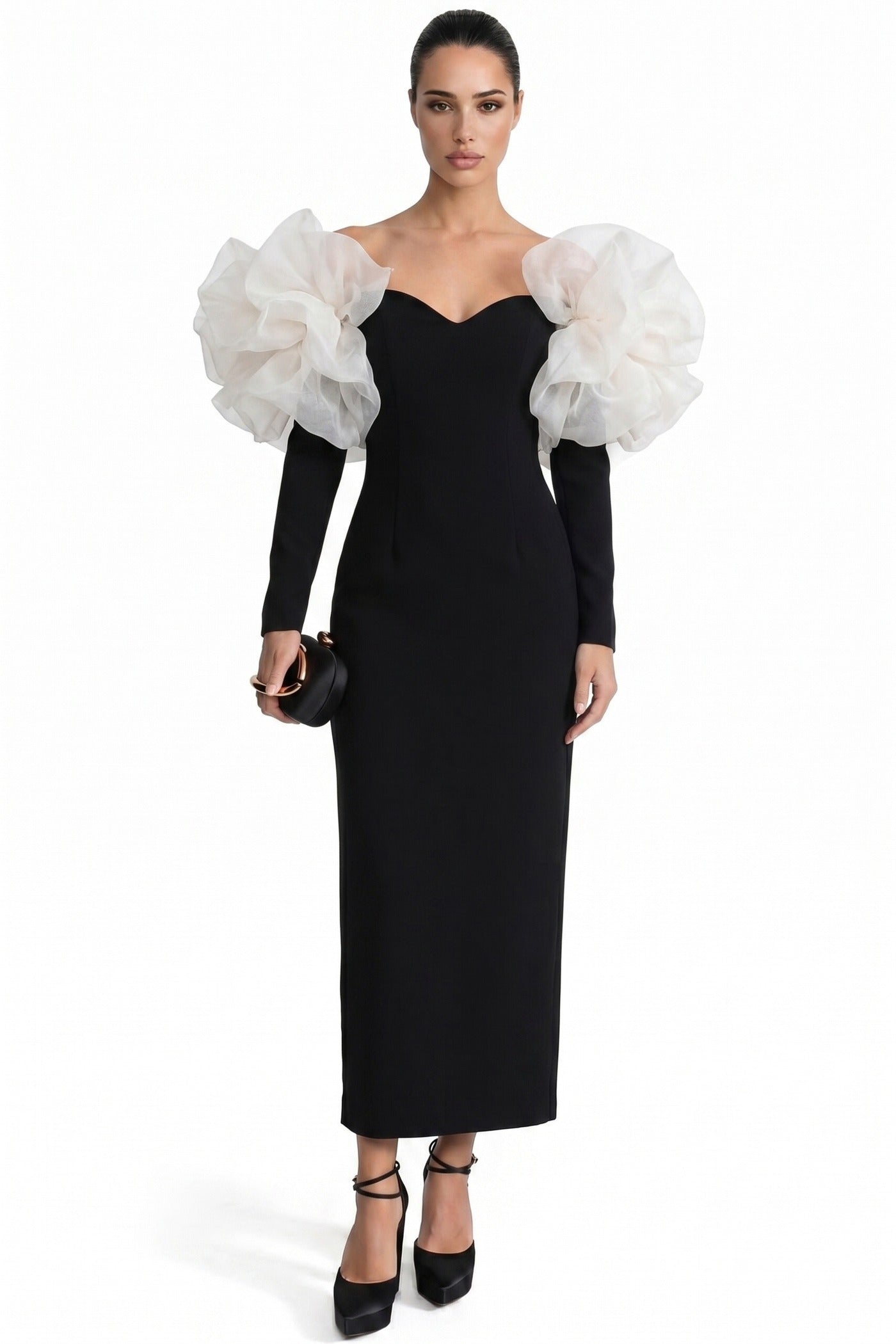 Edmonde Strapless Column Gown With Oversized Floral Shoulder Wrap - Black