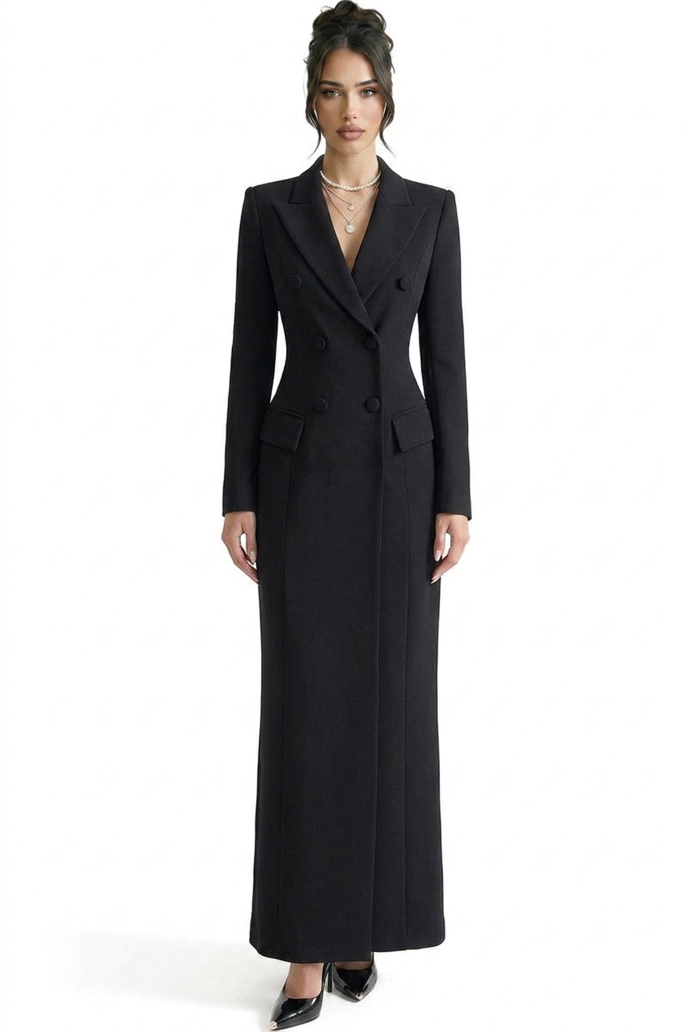 Constance Double-Breasted Long Tailored Coat - Black