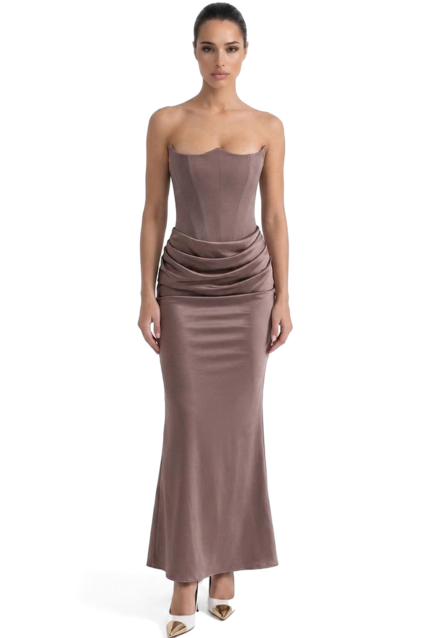 Isadora Strapless Corset Maxi Dress With Ruched Waist - Beige