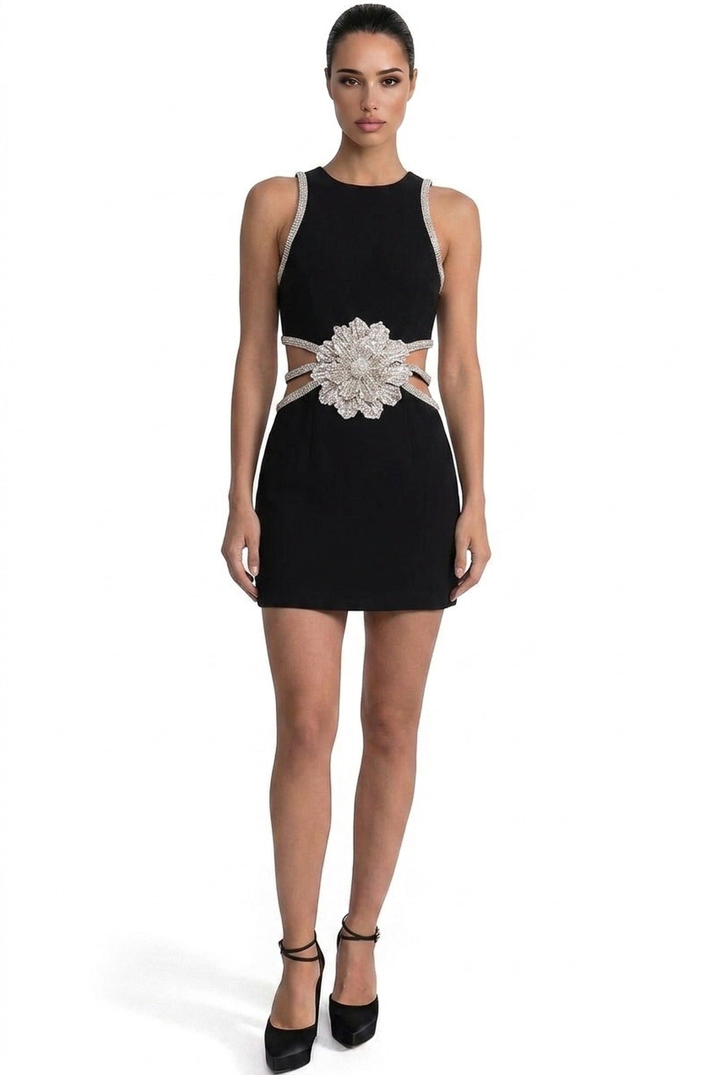 Emille Mini Dress With Crystal Flower Waist And Diamond-Trim Straps - Black