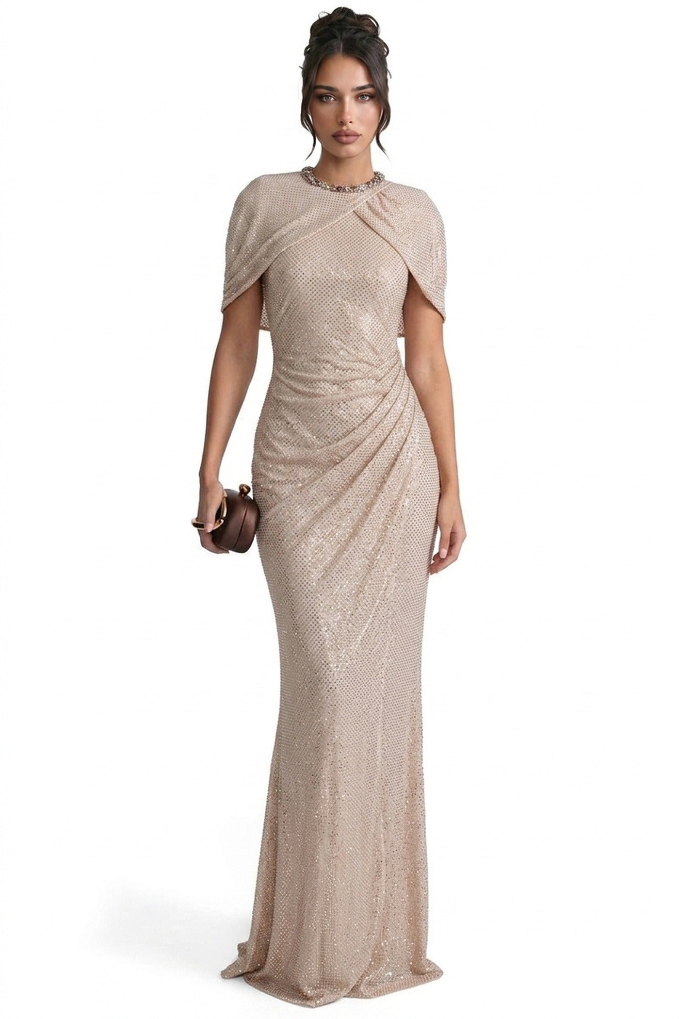 Marinette Sequin Mermaid Gown With Crystal Collar And Draped Cape Sleeves - Champagne
