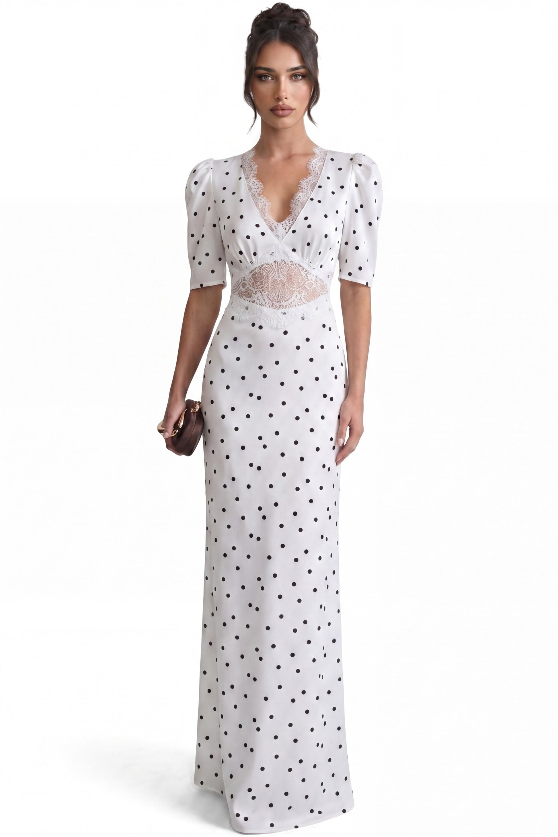 Céleste Maxikleid mit Puffärmeln und Polka-Dots – Weiß