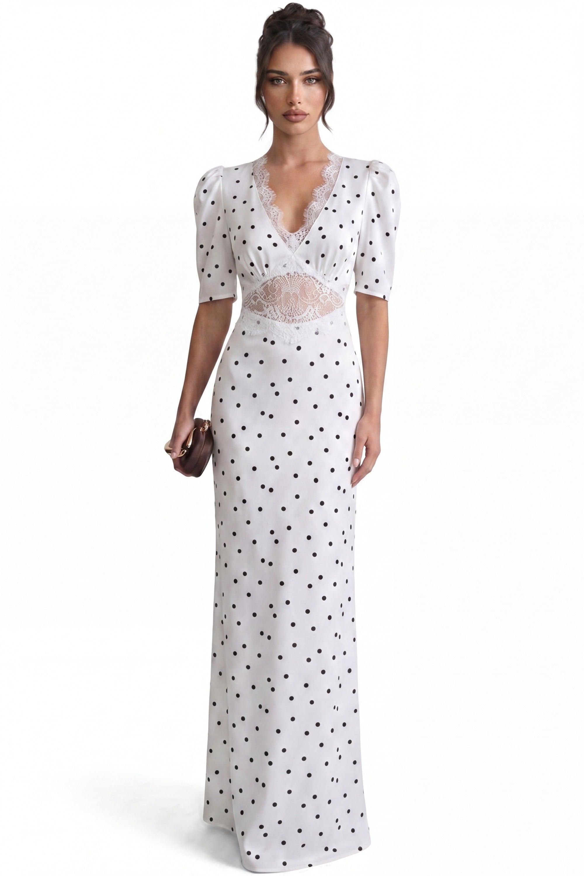 Céleste Maxikleid mit Puffärmeln und Polka-Dots – Weiß