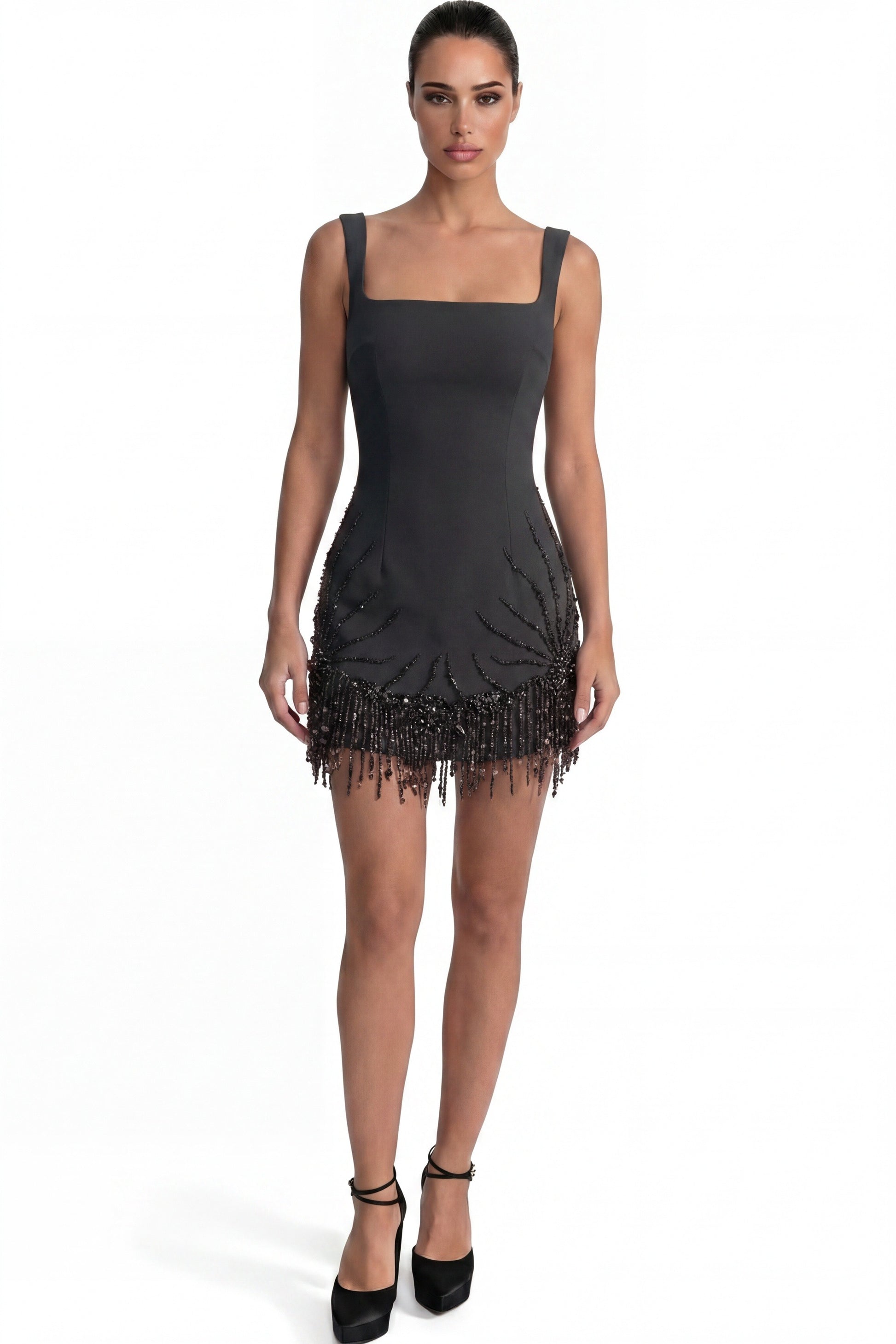 Ozanne Square-Neck Mini Dress With Crystal Fringe Hem - Black