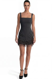 Ozanne Square-Neck Mini Dress With Crystal Fringe Hem - Black
