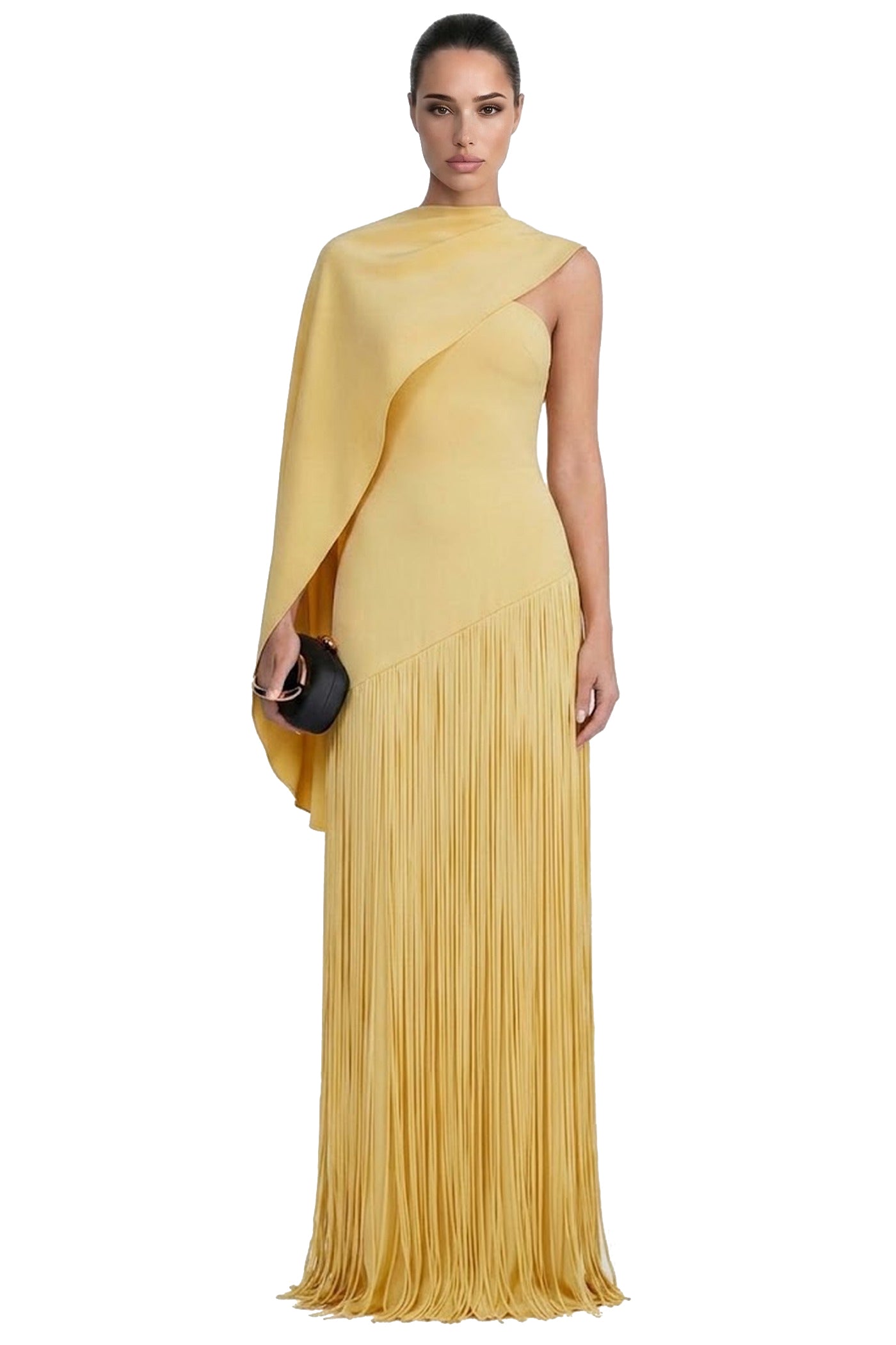 Madeleine Fringe Skirt Maxi Dress With Detachable Cape-Sleeve - Yellow