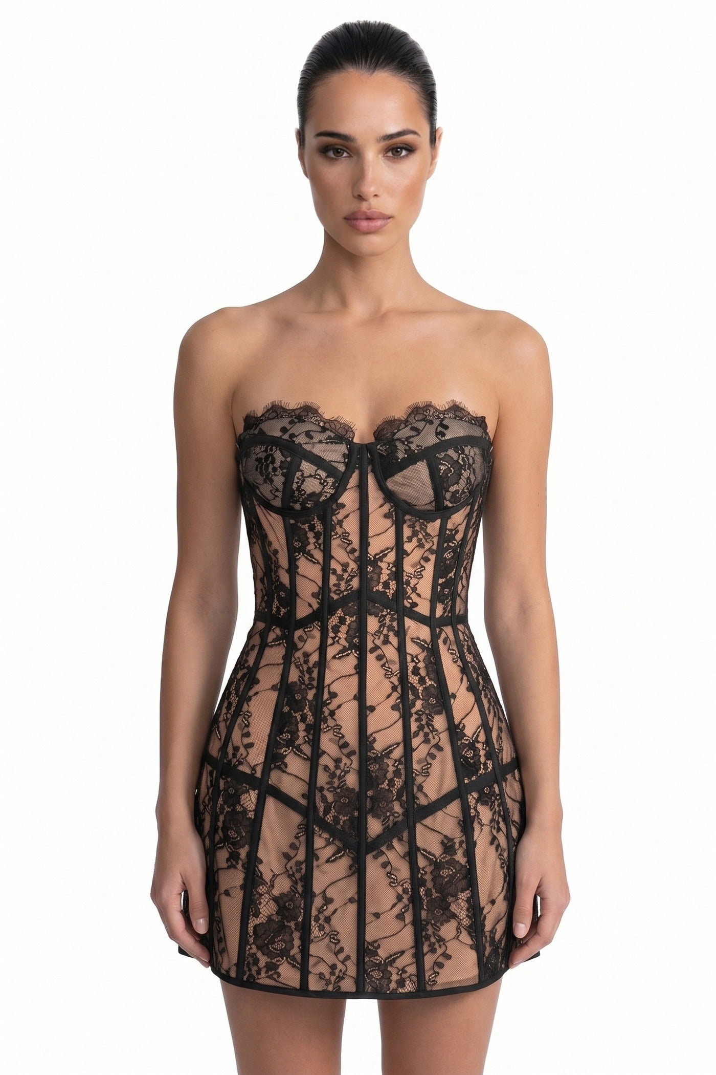 Margot Spaghetti-Strap Lace Corset Mini Dress With Nude Underlining - Black