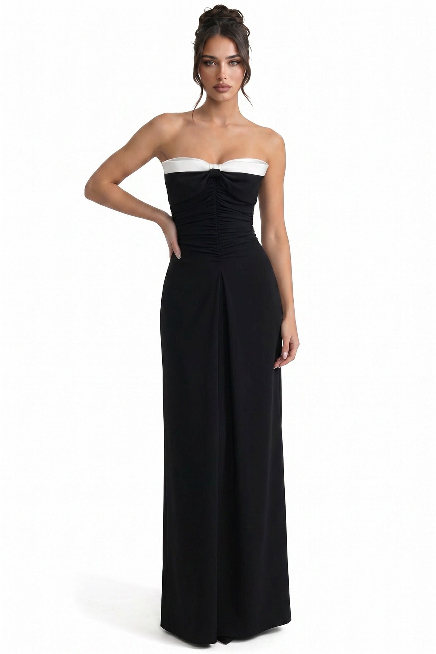 Clémence Strapless Column Gown With Contrast White Neckline Band - Black
