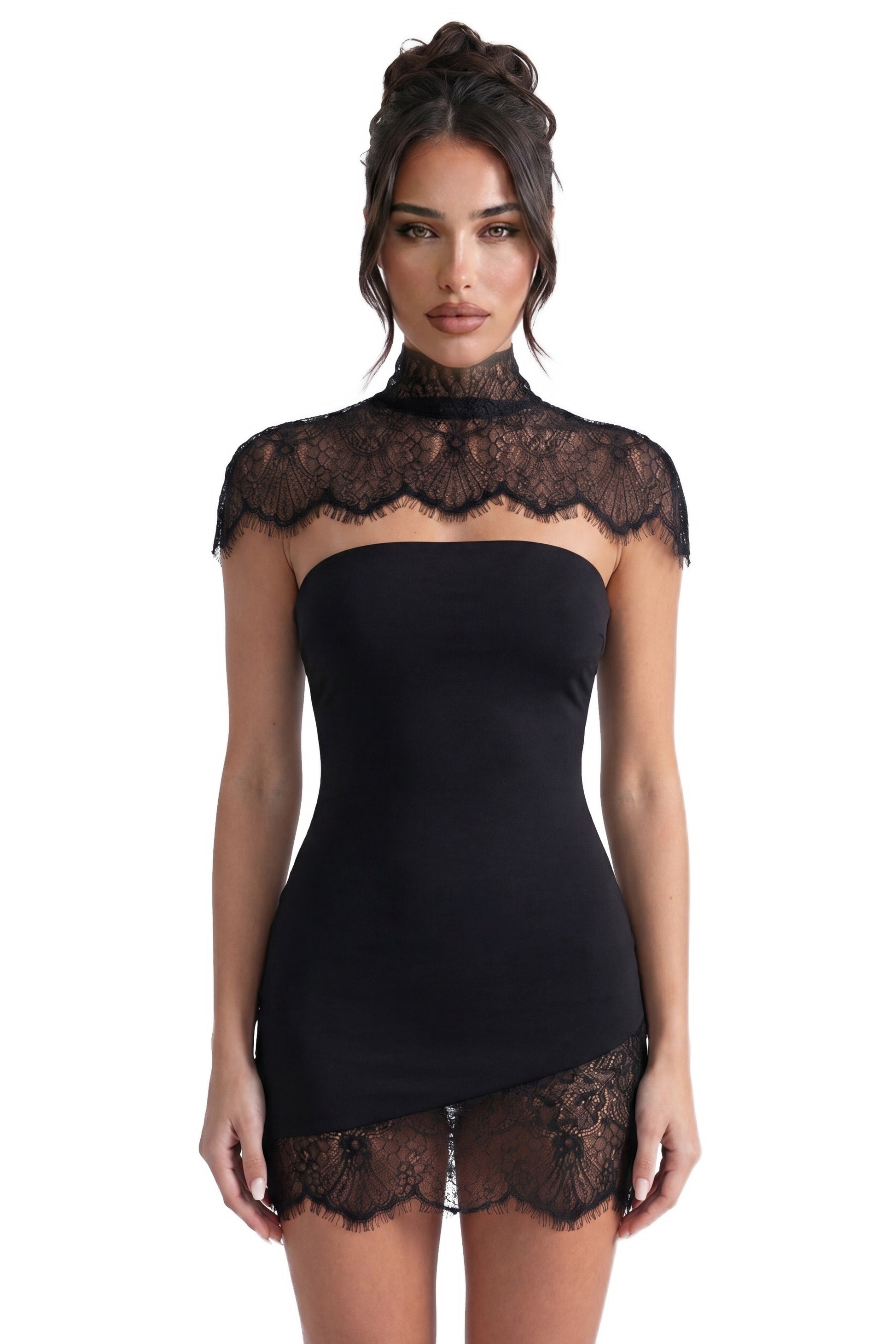 Elowen Elegant Mini Dress With High Neckline And Detachable Lace Cape - Black