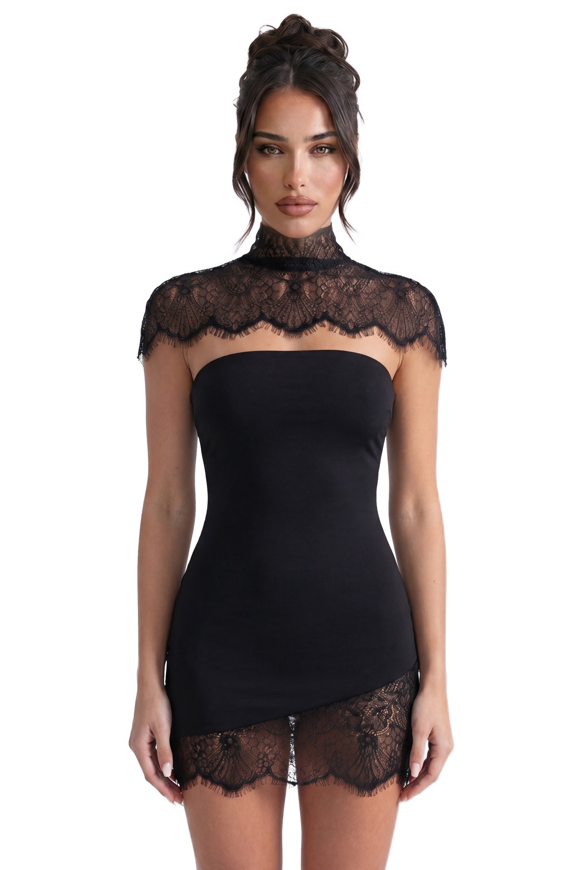 Elowen Elegant Mini Dress With High Neckline And Detachable Lace Cape - Black