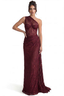 Séraphine One-Shoulder Lace Gown With Sheer Corset Bodice - Burgundy