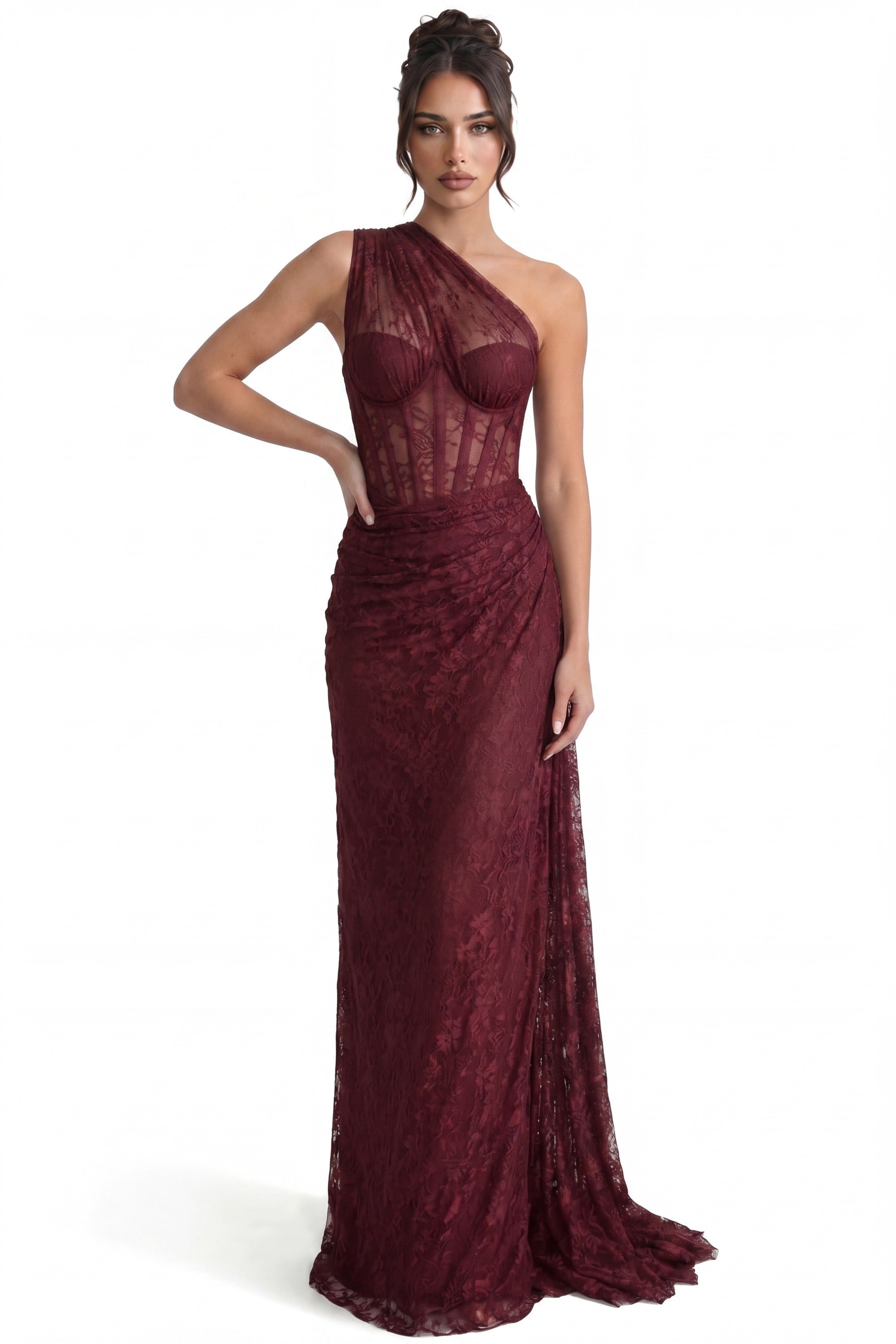 Séraphine One-Shoulder Lace Gown With Sheer Corset Bodice - Burgundy