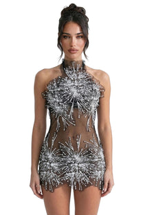 Narcisse Sheer Mini Dress With Pearl And Sequin Flower Embellishments - Black/White