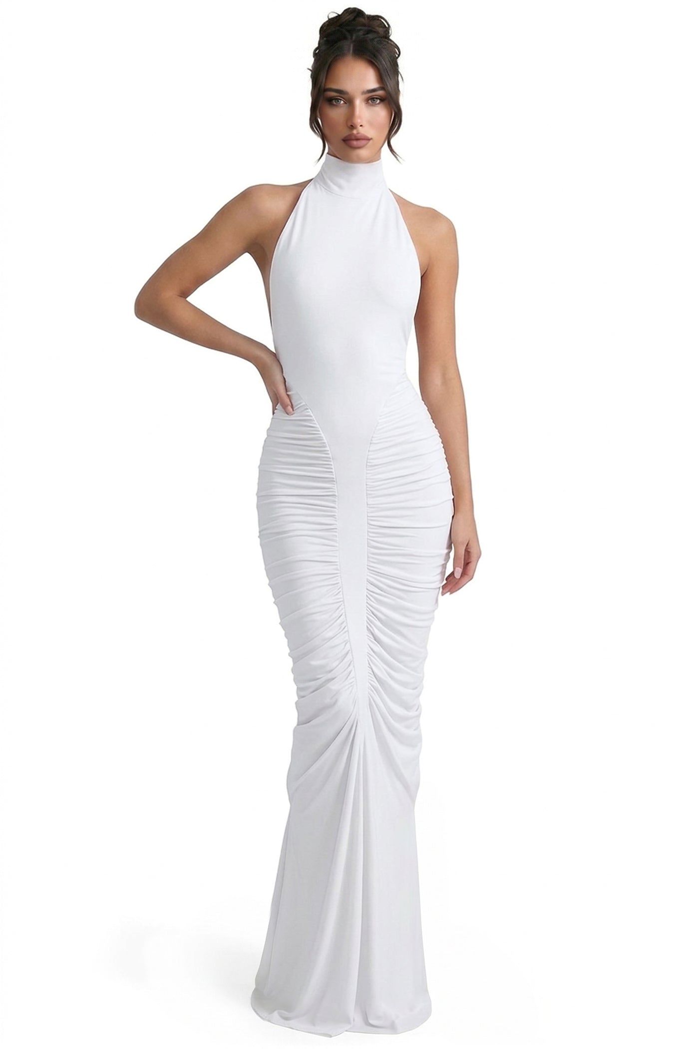 Sylvaine Halter Neck Ruched Mermaid Gown With Open Back - White