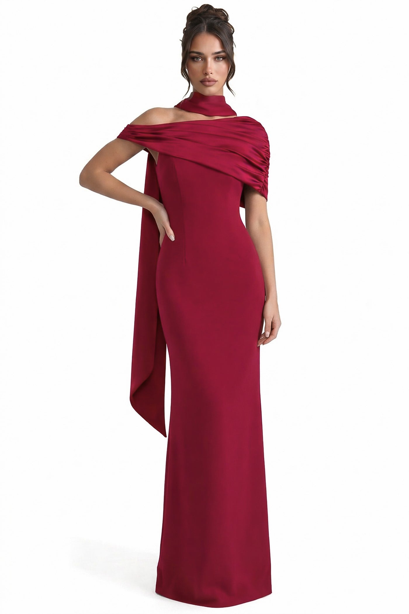 Ambrine Satin Column Gown With Draped Shoulder Wrap And High Neck - Red
