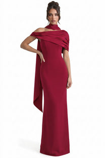 Ambrine Satin Column Gown With Draped Shoulder Wrap And High Neck - Red