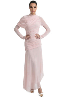 Roseline Long-Sleeve Mesh Gown With Diagonal Ruching And Asymmetric Hem - Pink