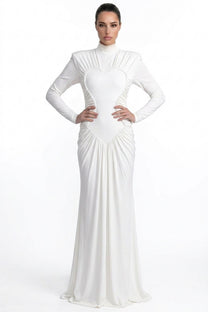 Reinette High-Neck Long-Sleeve Gown With Heart-Shaped Cutout Panel - White