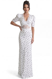 Céleste Maxikleid mit Puffärmeln und Polka-Dots – Weiß