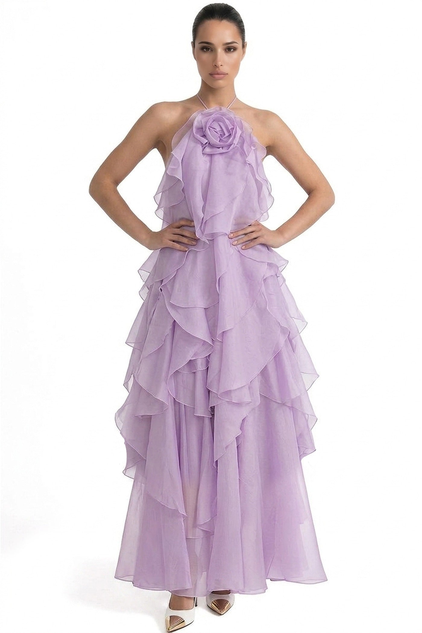 Nicolette Halter Neck Ruffled Organza Gown With 3D Rose Accent - Purple