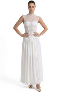 Joséphine Cap-Sleeve Gown With Sheer Corset Bodice And Gathered Maxi Skirt - White