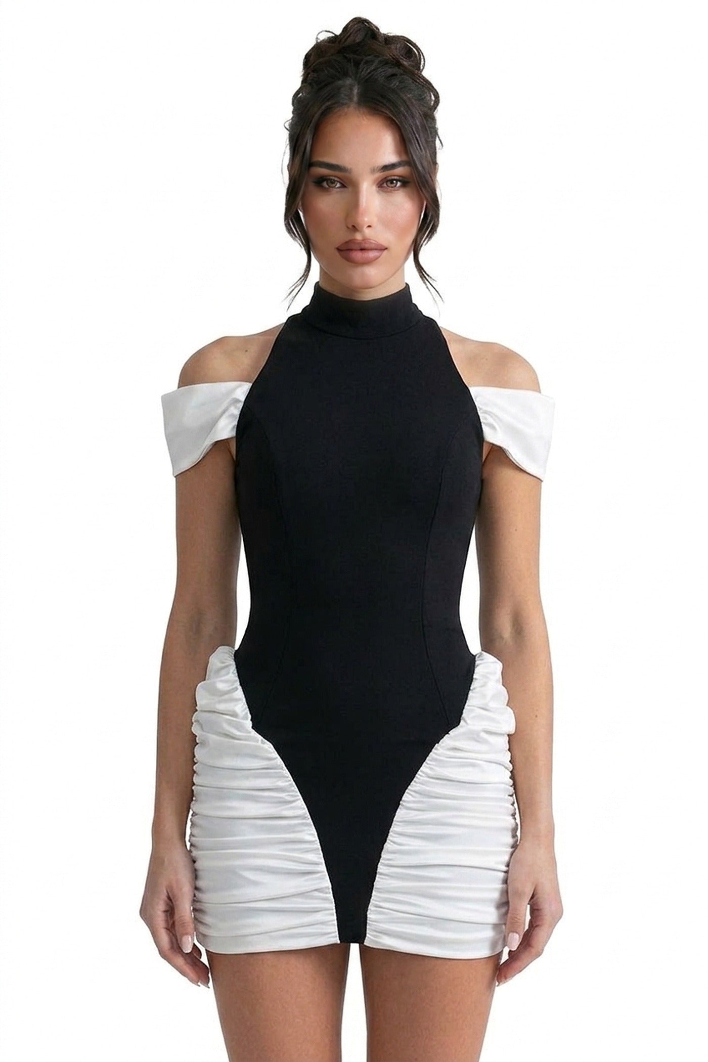 Blanche Contrast Mini Dress With High Neck And Ruched White Side Panels - Black