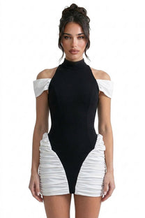 Blanche Contrast Mini Dress With High Neck And Ruched White Side Panels - Black