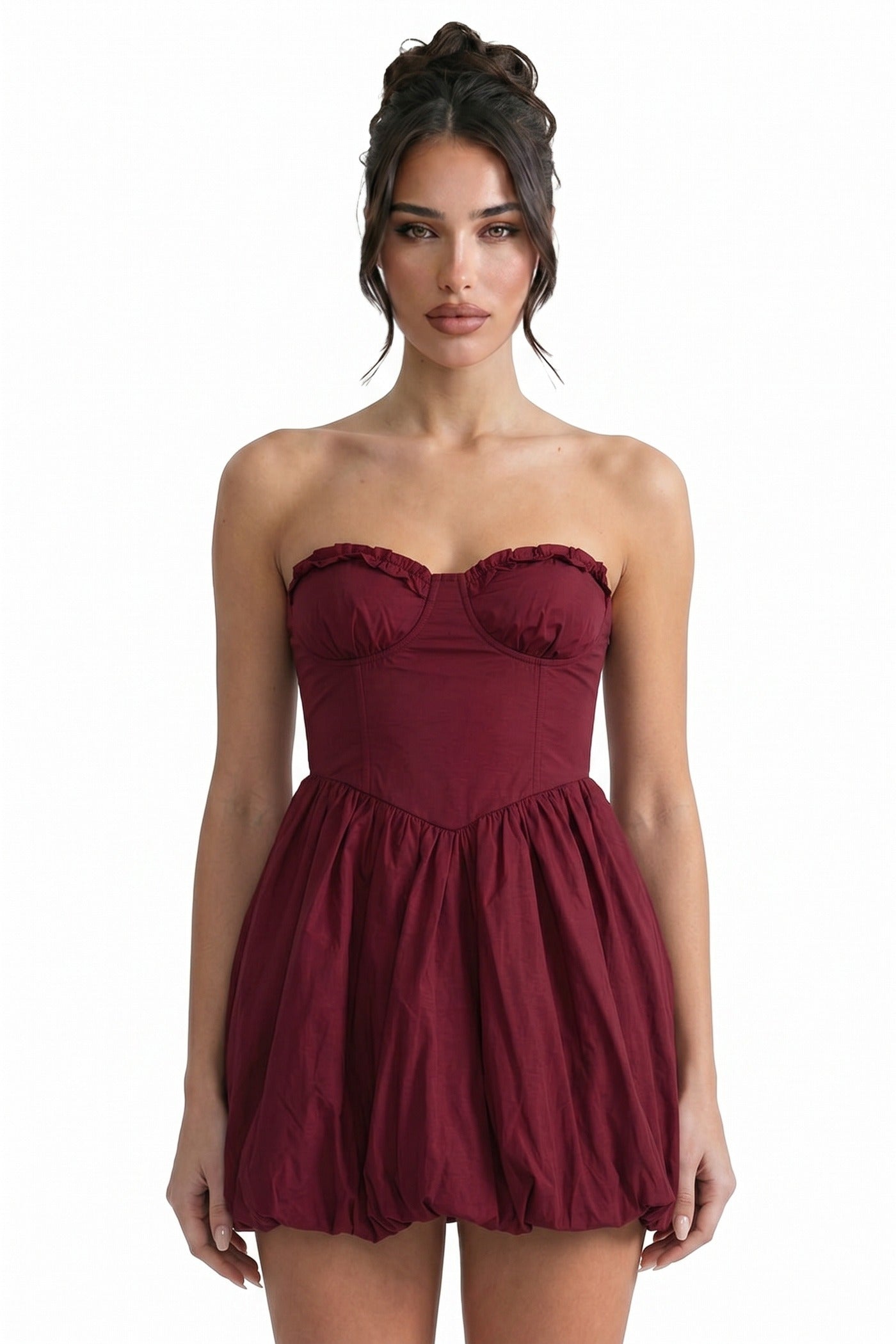 Geneviève Strapless Bubble Mini Dress With Sweetheart Neckline - Wine