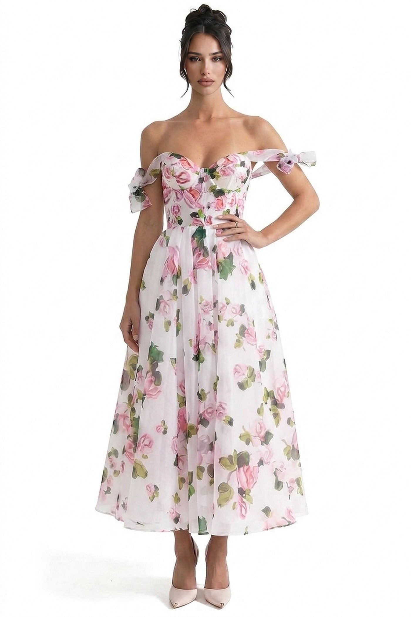 Florentine Off-Shoulder Floral Organza Dress With Corset Bodice And Bow Straps - Floral
