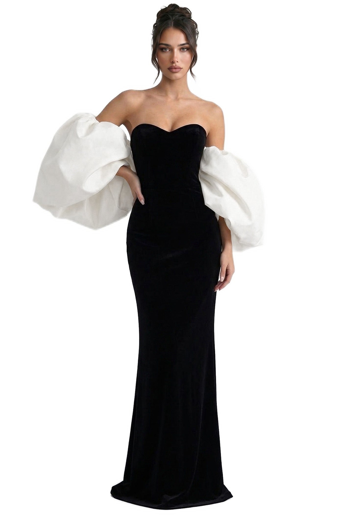 Ségolène Velvet Mermaid Gown With Contrast  Puff Sleeves - Black