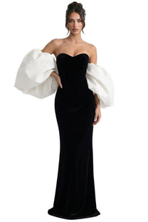 Ségolène Velvet Mermaid Gown With Contrast  Puff Sleeves - Black
