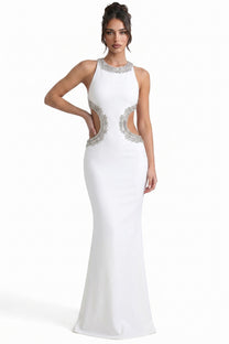 Elvire High-Neck Sleeveless Gown With Crystal Back Embroidery And Side Slit - White