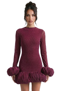 Bordeaux Glitter Knit Mini Dress With Puff Cuffs And Voluminous Bubble Hem - Wine