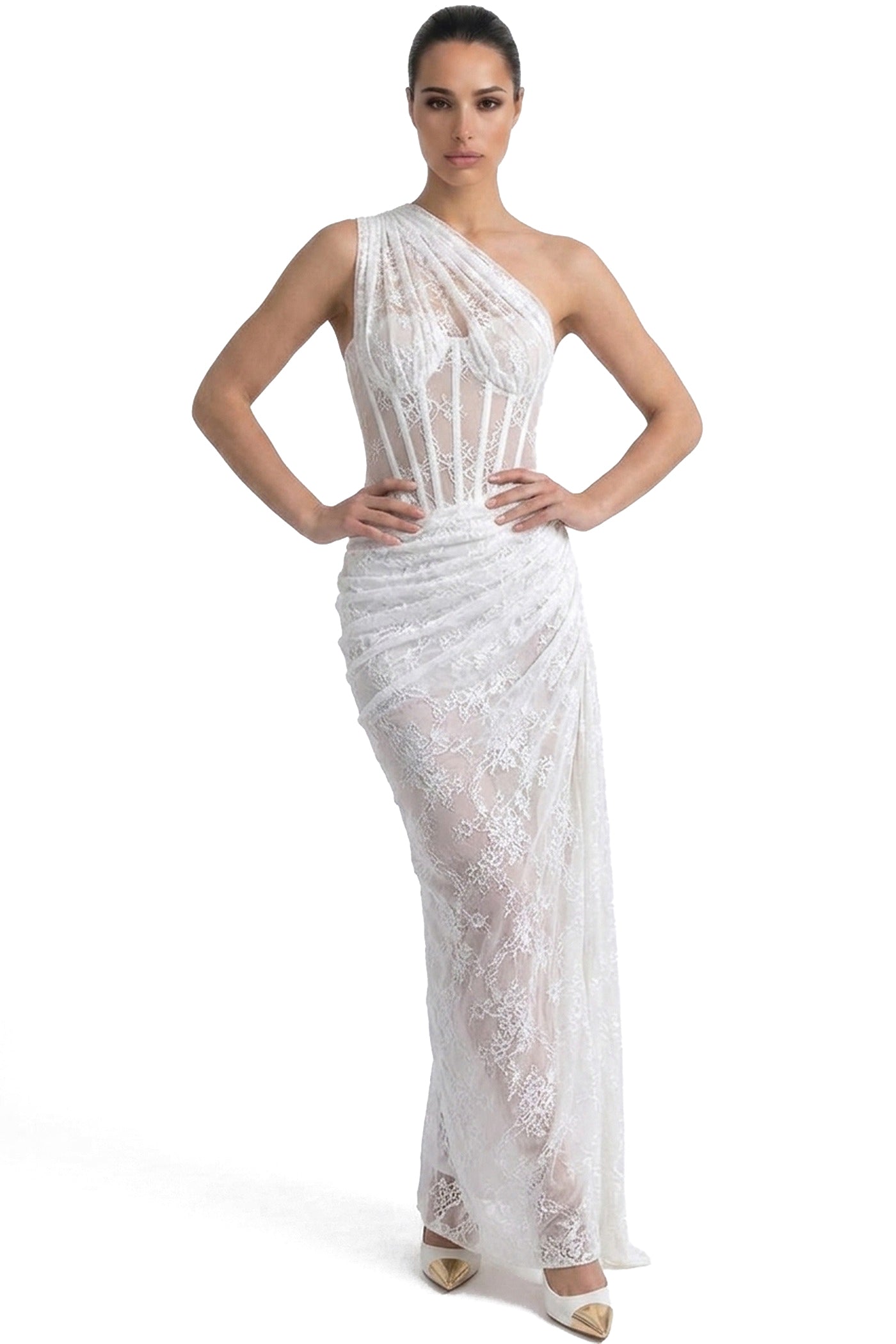 Séraphine One-Shoulder Lace Gown With Sheer Corset Bodice - White