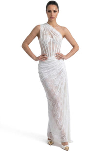Séraphine One-Shoulder Lace Gown With Sheer Corset Bodice - White