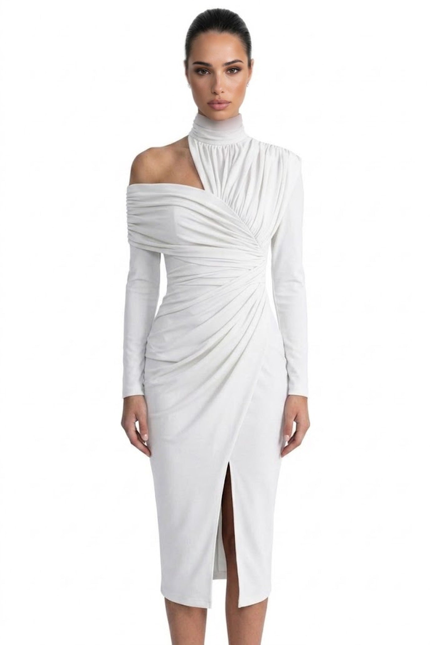 Charline Draped Cold-Shoulder Midi Dress With Front Slit - White