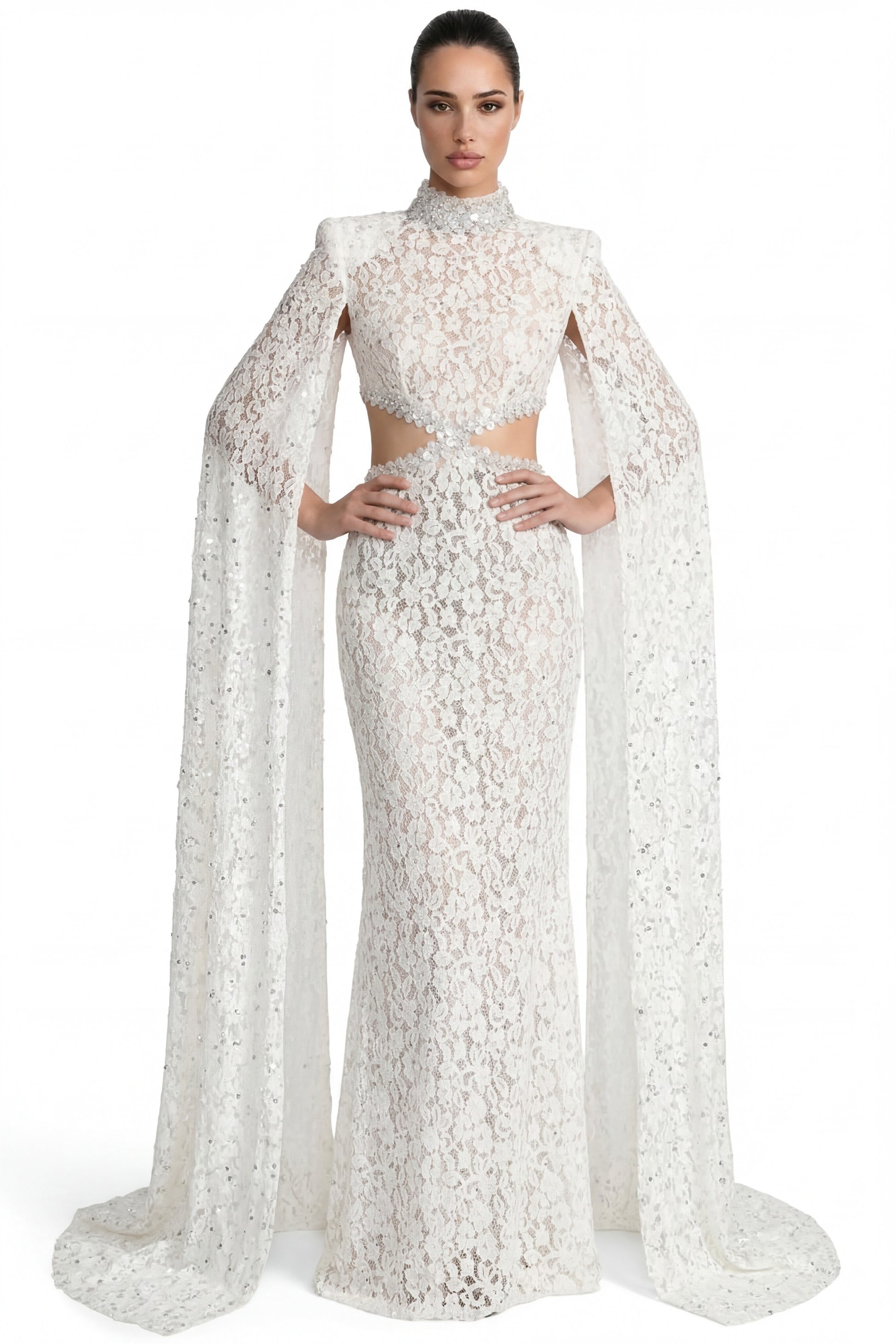 Mirabelle Lace Mermaid Gown With Cape Sleeves And Crystal Waist Detail - White