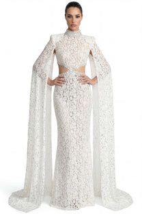 Mirabelle Lace Mermaid Gown With Cape Sleeves And Crystal Waist Detail - White