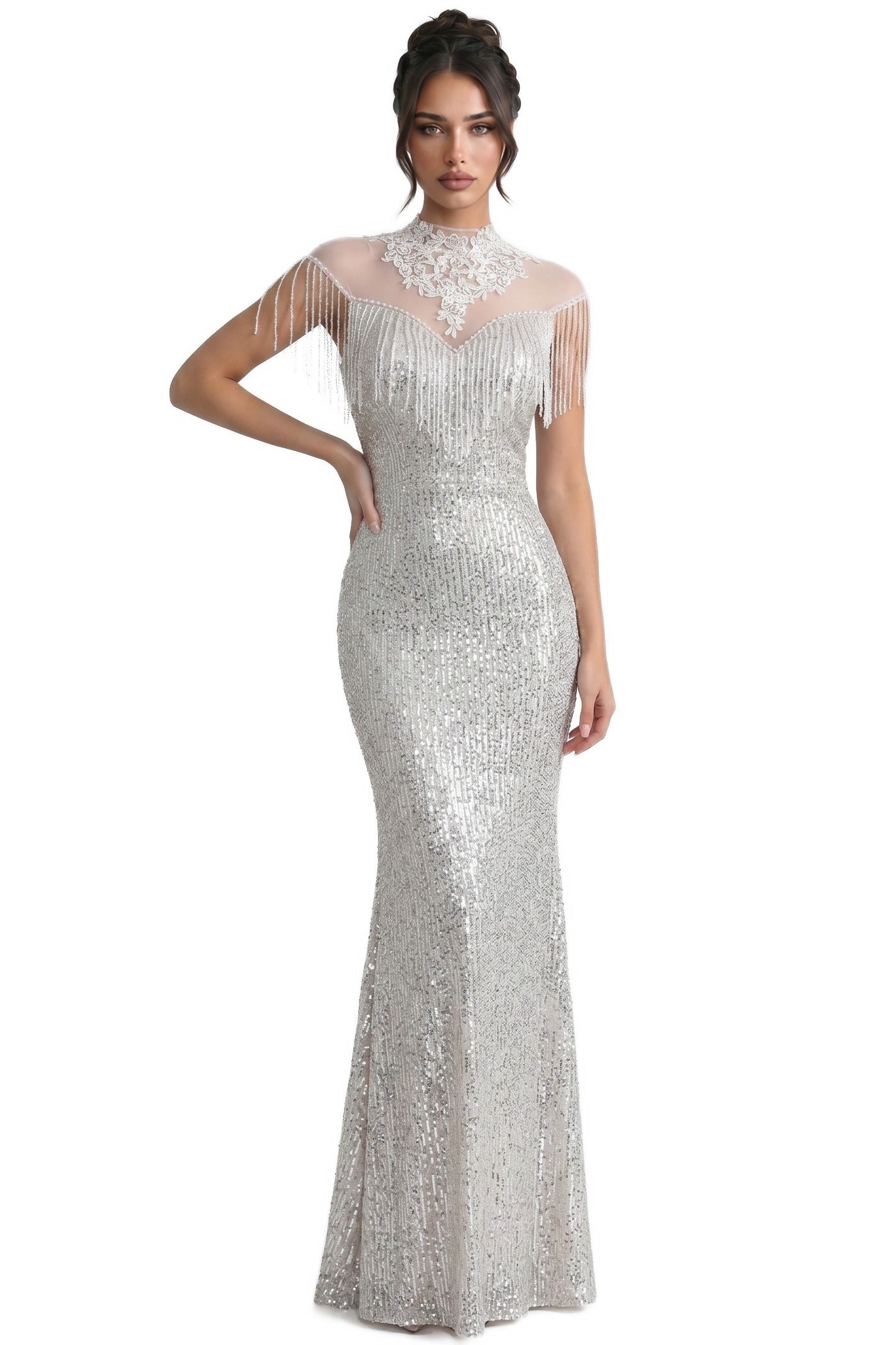 Éléonore High-Neck Sequin Mermaid Gown With Tassel Shoulder Detail - Silver