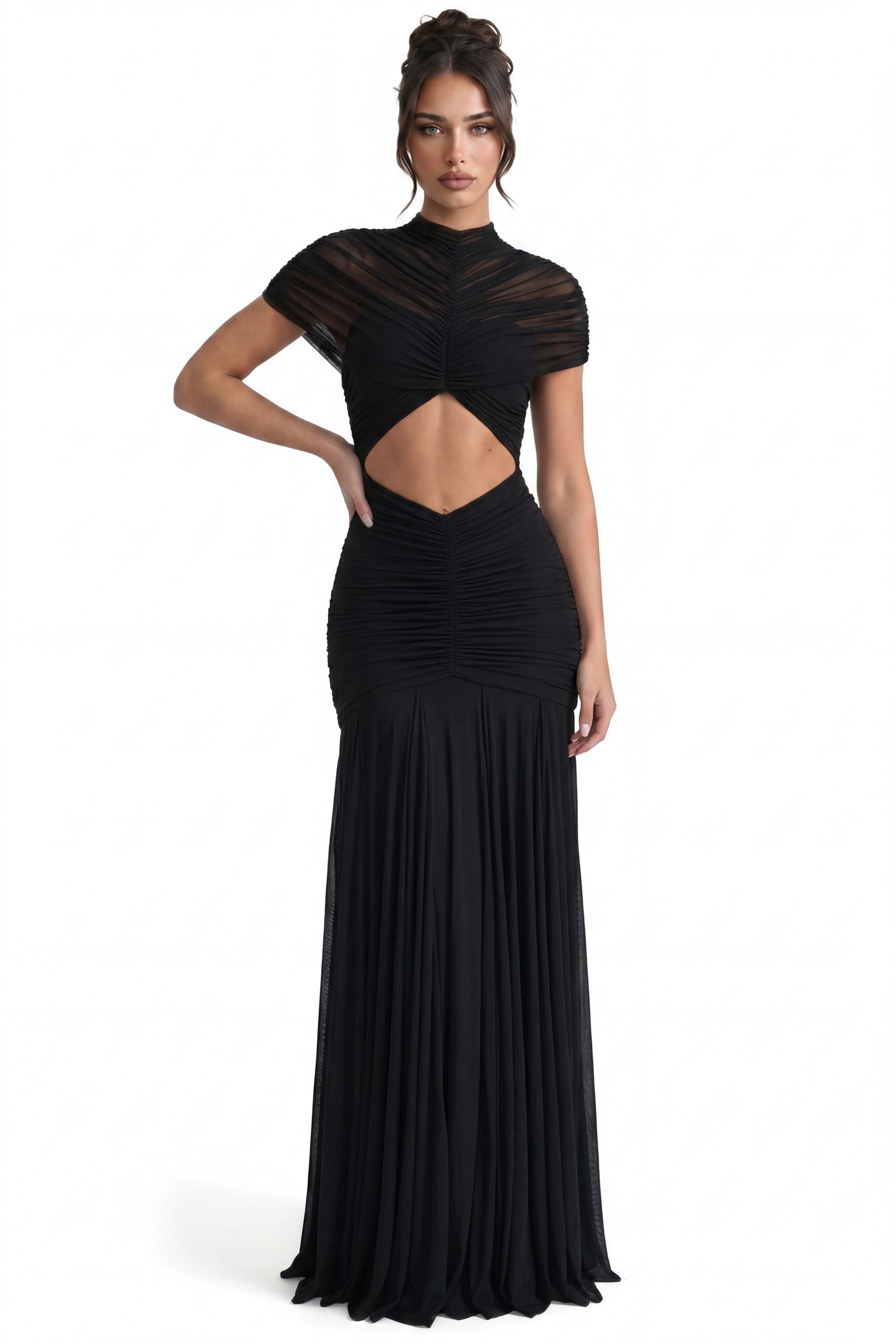 Odette gerafftes Twist-Front Maxikleid mit Cutout-Taille – Schwarz