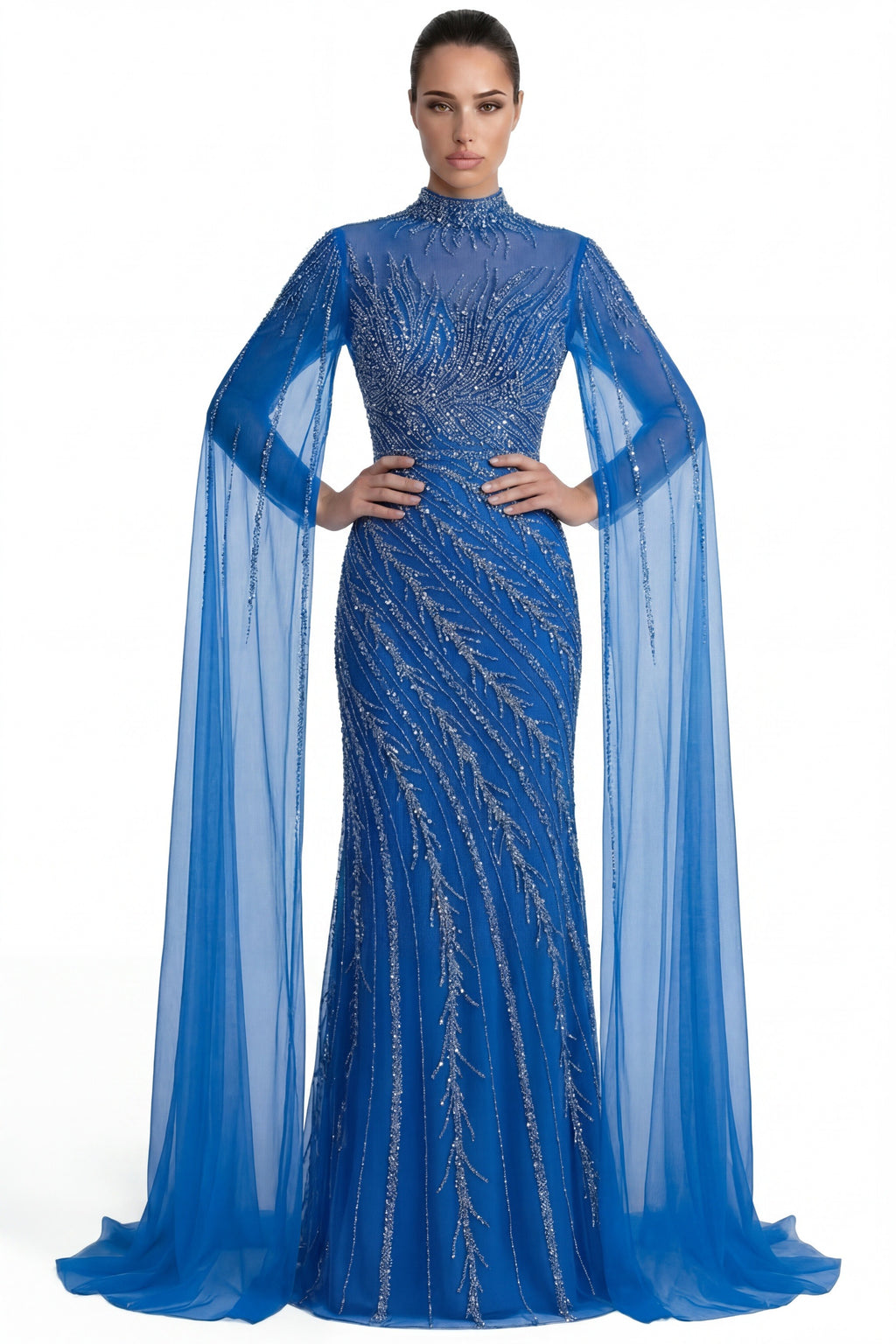 Lumière Embellished Long Sleeve Maxi Dress With Sheer Veil Sleeves - Blue