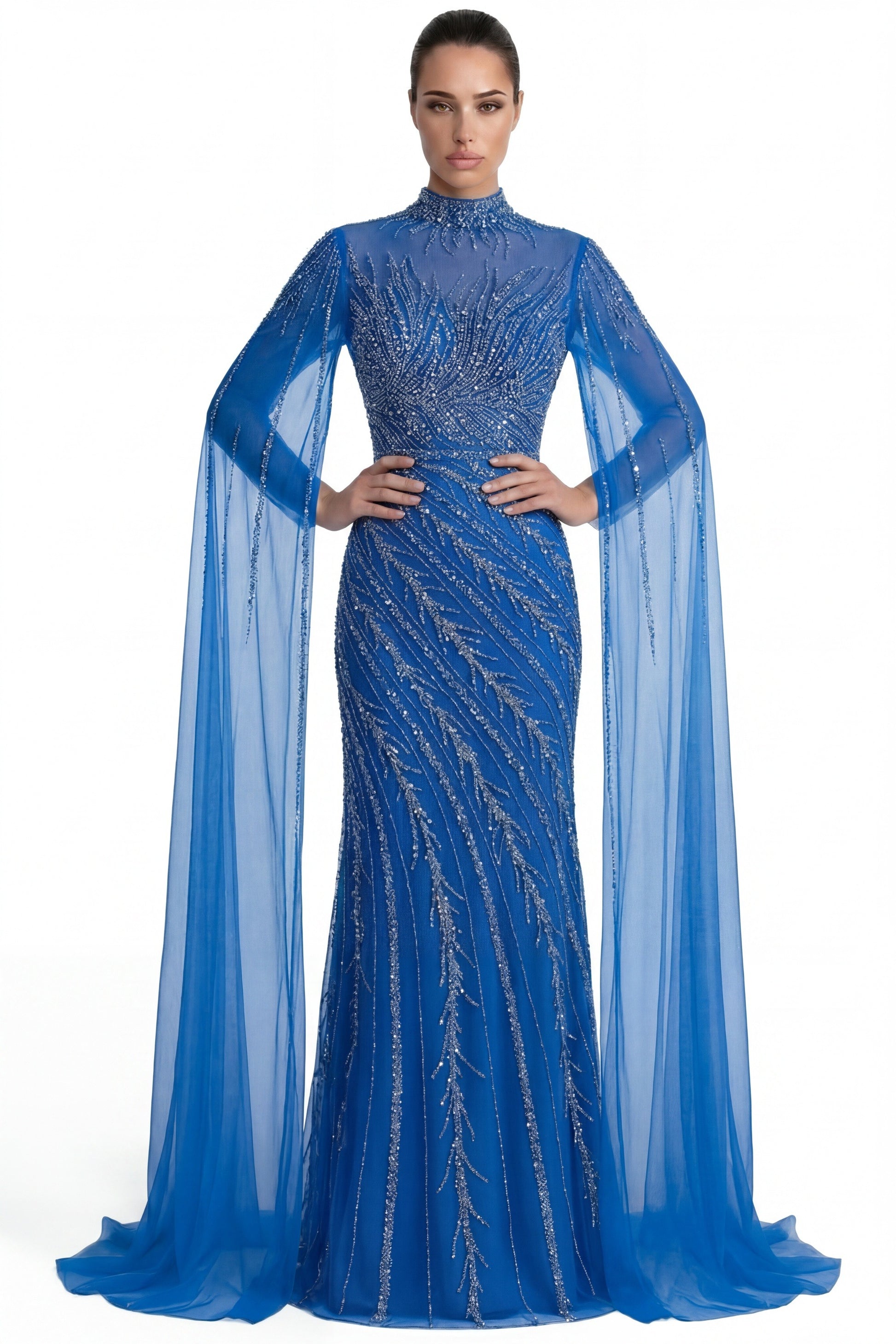 Lumière Embellished Long Sleeve Maxi Dress With Sheer Veil Sleeves - Blue