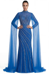 Lumière Embellished Long Sleeve Maxi Dress With Sheer Veil Sleeves - Blue