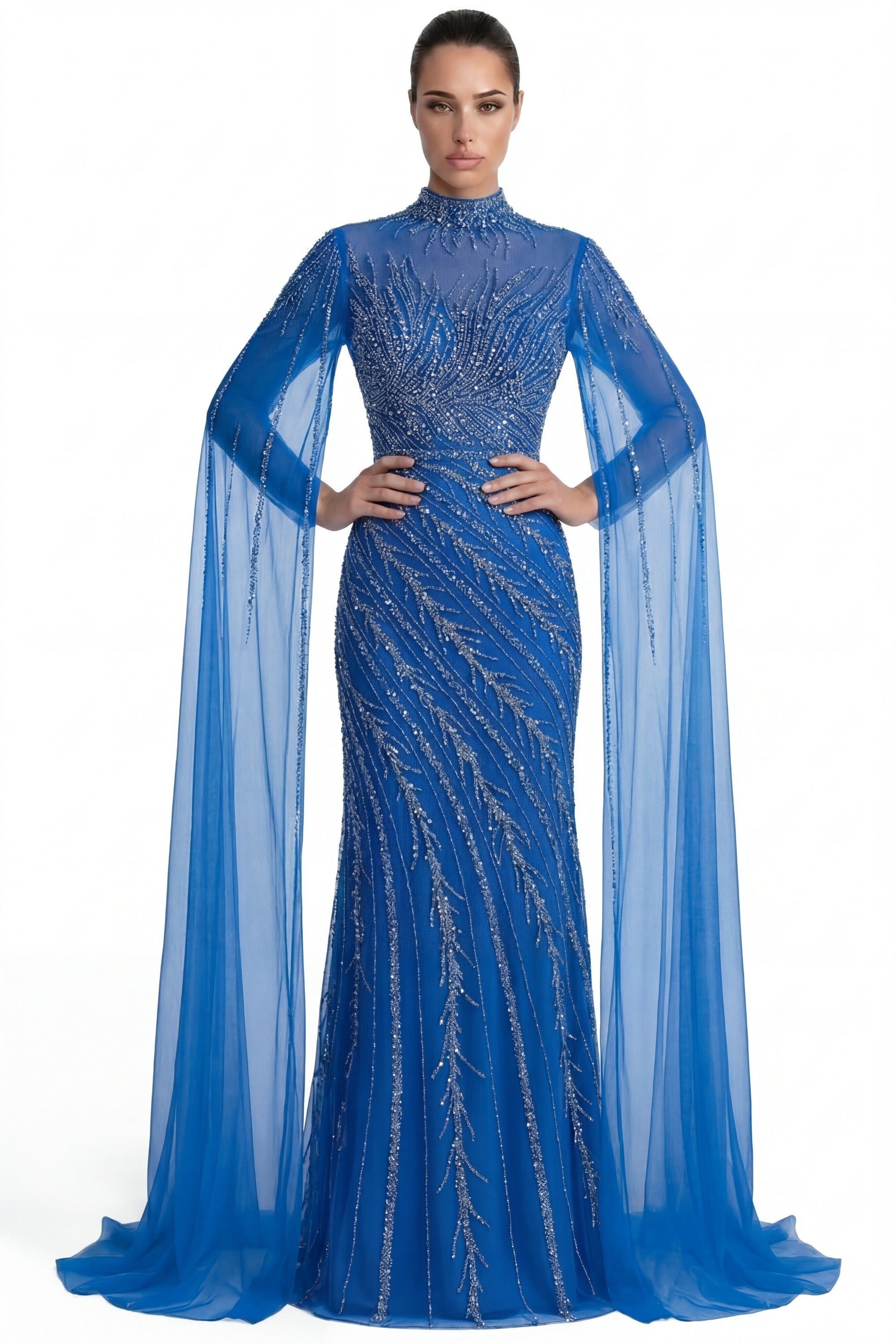 Lumière Embellished Long Sleeve Maxi Dress With Sheer Veil Sleeves - Blue