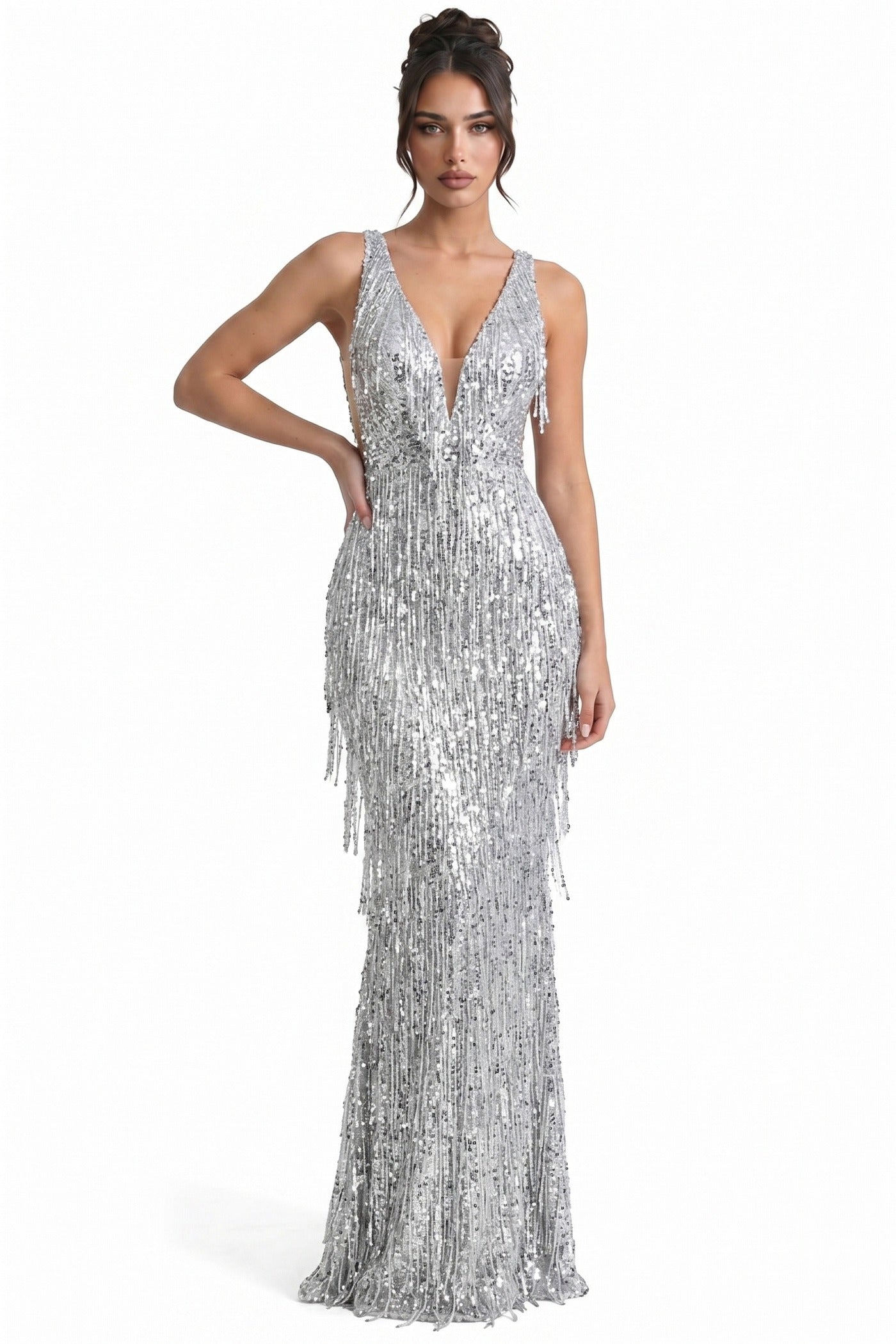 Joëlle Deep V-Neck Sequin Mermaid Gown With Spaghetti Straps - Silver