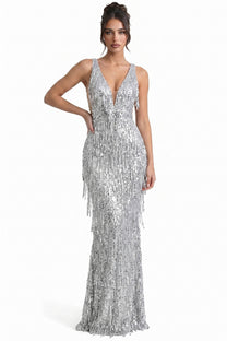 Joëlle Deep V-Neck Sequin Mermaid Gown With Spaghetti Straps - Silver