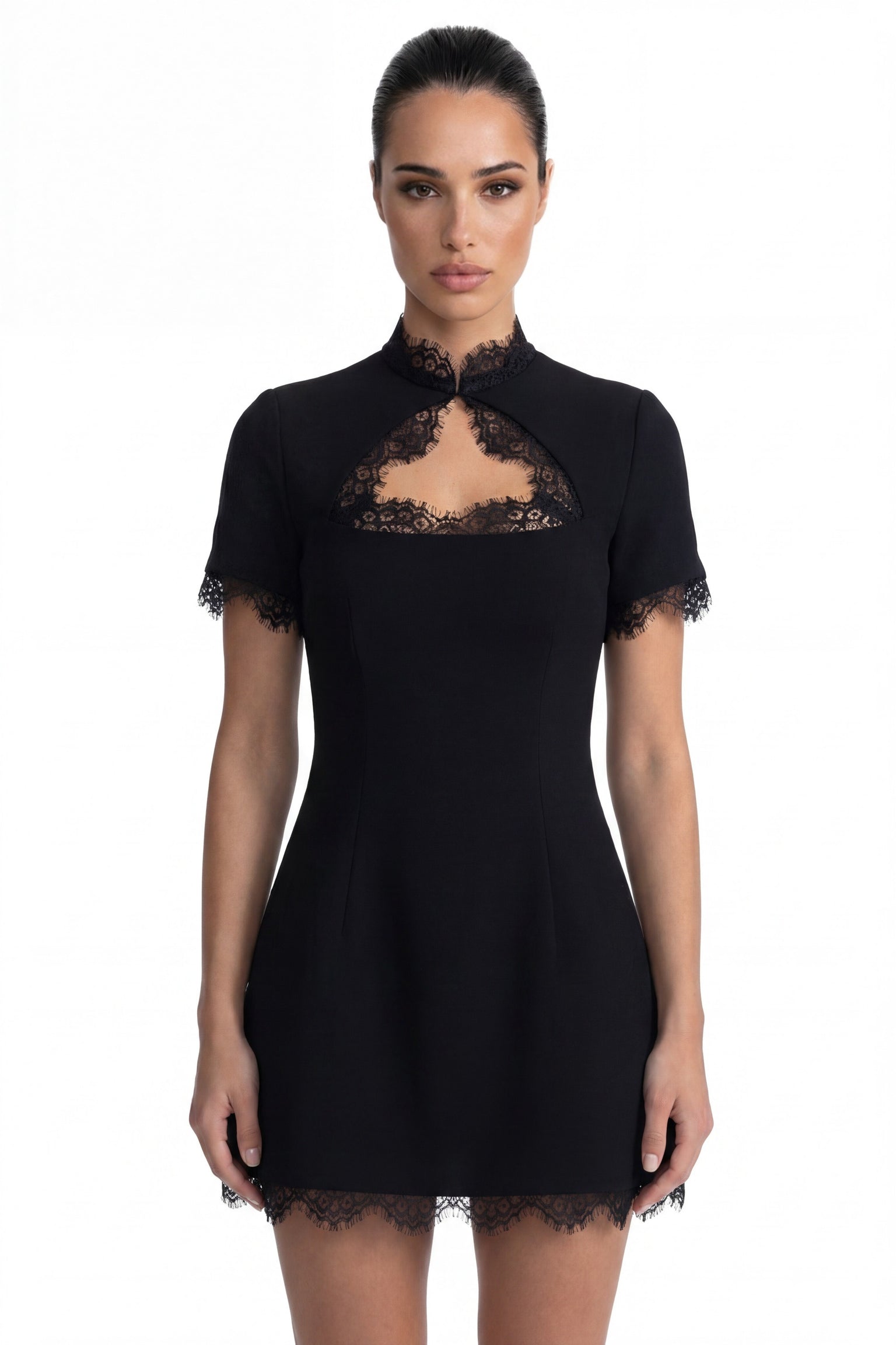 Mathilde Lace-Trim Mini Dress With Keyhole Neck - Black