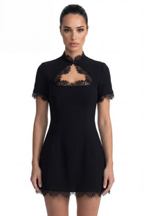 Mathilde Minikleid mit Spitzenbesatz und Schlüssellochausschnitt – Schwarz
